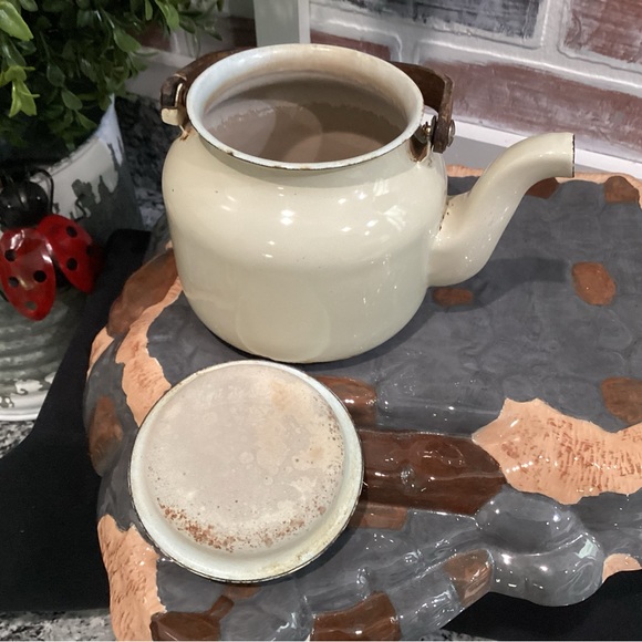 🟤 Vintage - Cream colored, enamel coated, Tea Kettle w/ Wooden Handle - Decor - Picture 7 of 16